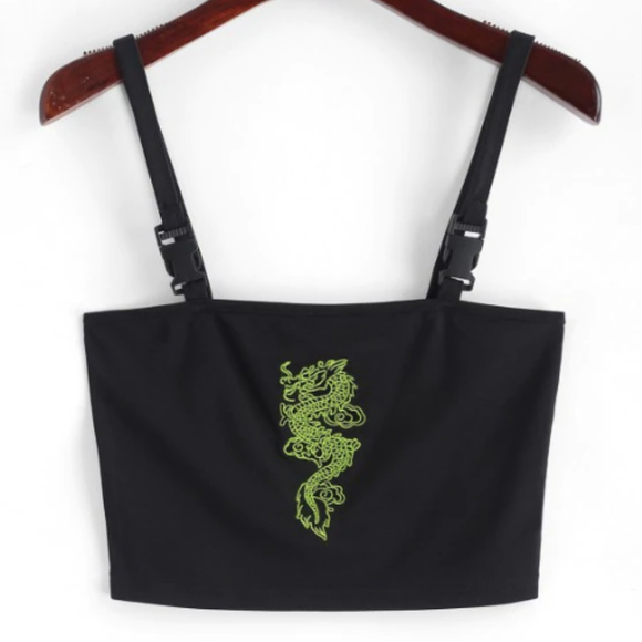 Dragon Embroidered Buckle Straps Crop Tank Top - Picture 1 of 5